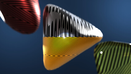 3D rendering of isolated simple objects with striped and animal print textures on dark blue background. A work of hyper-realistic abstraction digital art