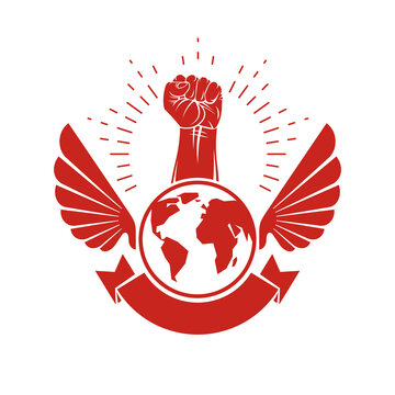 Vector illustration composed with bird wings, raised clenched fist and Earth globe. Revolution leader, nonconformist concept.