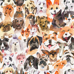 Colorful Watercolor Dog Face Seamless Pattern