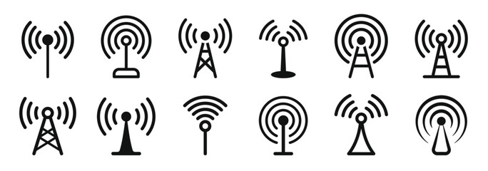 Antenna tower icon collection. Wireless radio signal symbol set. Vector illustration. - obrazy, fototapety, plakaty
