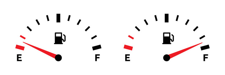 Gasoline fuel gauge symbol. Fuel indicator icon set. Full and empty fuel tank gauge scale icon isolated on white background. - obrazy, fototapety, plakaty