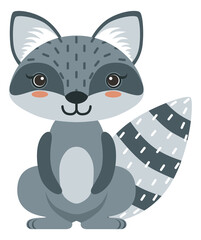 Raccoon character in cute cartoon style. Sitting baby animal