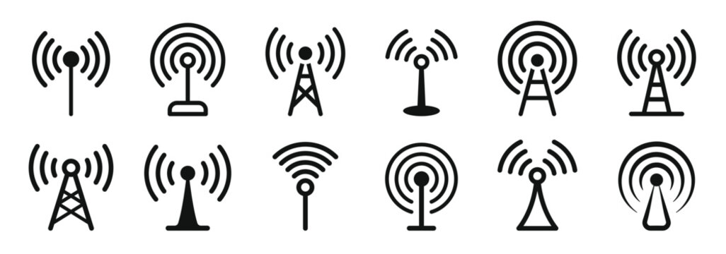 Antenna tower icon collection. Wireless radio signal symbol set. Vector illustration.