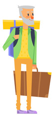 Elderly man with travel luggage. Senior with backpack and old leather suitcase