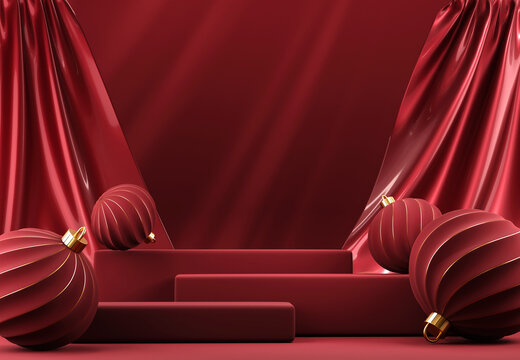 3D abstract Christmas red background with red Christmas ornaments