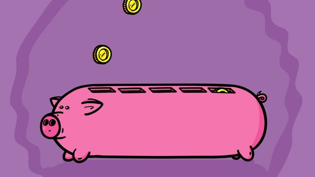 Cartoon piggy bank animated typical character transforms into a long one with five holes for money. Background dynamic intro version animation. Metaphor of saving money or GMO subject.