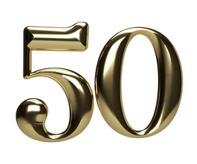 Number 50 in Gold Color, Isolated 3D illustration of Golden Balloon.
