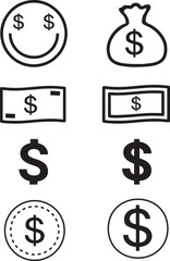 Dollar signs, coin sign, money icon, money bag, financial vector icon set. Dollar coin, finance symbols, set of vector isolated black icon