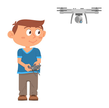 Boy playing with drone. Kid controling flying toy