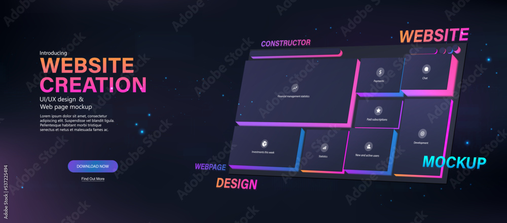 Poster Creation of websites, pages. Platform or application for creating websites, no coding technology. Creation of sites or app from ready-made mockups. Cross platform, programming responsive layout	
