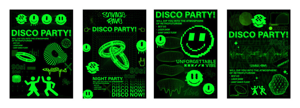 Rave trippy posters with trendy acid colors and shapes. 90s 80s style, retrowave, vaporwave. Psychedelic acid posters set with shapes, smile, abstract 3D elements. Rave posters disco party set. Vector