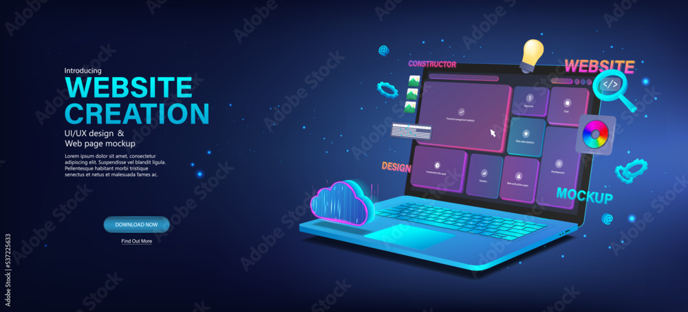 Poster Banner Website development with laptop and template webpage. Building interface on the screen of a laptop. Coding and software for development Website. Development of the interface, code. Vector	