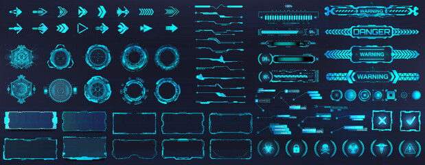 HUD, UI - interface graphic pack. Sky-fi elements. Futuristic user interface graphic box for UI, UX, KIT, GUI. HUD set - Digital lines, arrows, callouts titles, circle, frames, bar labels. Vector set	