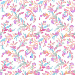 floral seamless pattern, watercolor pink blue leaves on white background. delicate romantic field of flowers