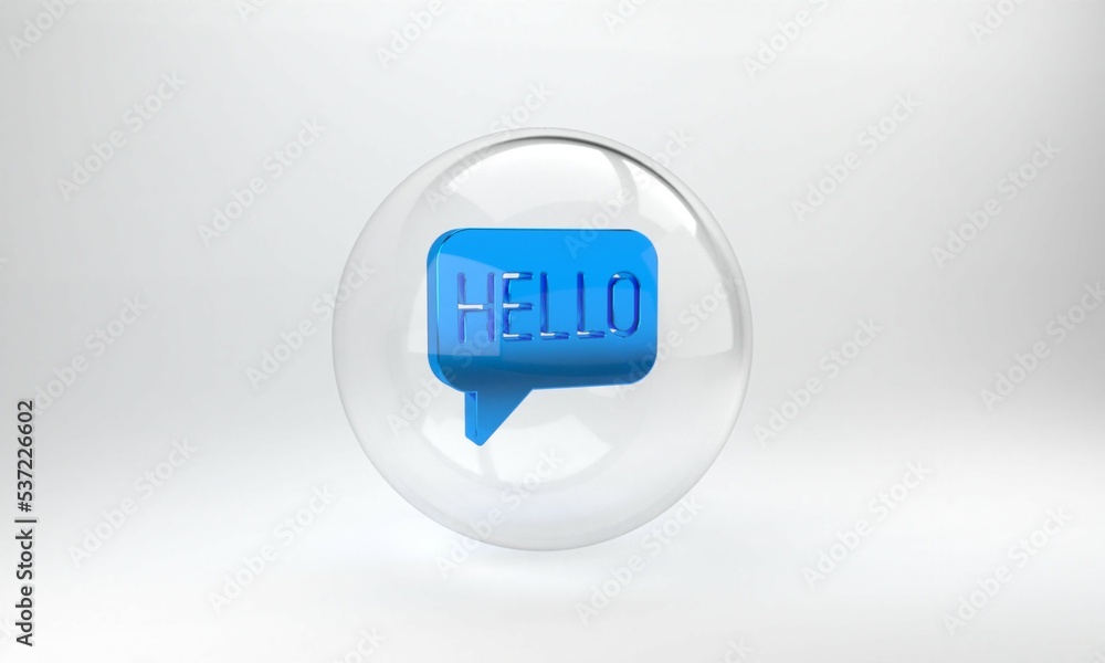 Poster blue hello in different languages icon isolated on grey background. speech bubbles. glass circle but