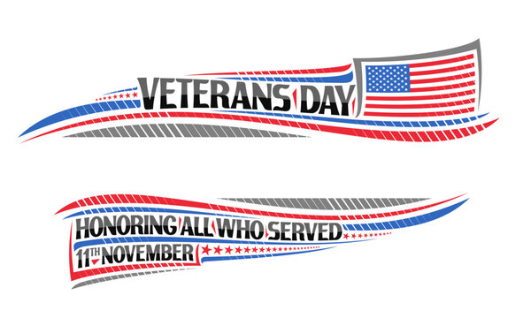 Vector border for Veterans Day with empty copy space for congratulation text, greeting card with illustration of american flag, red decorative stars, unique lettering for words veterans day on white