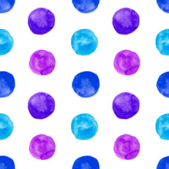 Vibrant purple and blue polka dot watercolor seamless patter On white background. Bright hand drawn wrapping paper design, wallpaper and fabric texture 