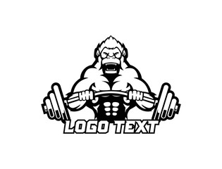 Fighter gorilla logo with barbell, gym and fitness icon.	