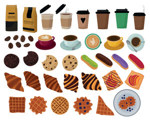 set with coffee and pastries in a flat style isolated on a white background. Great for coffee shops, patisseries, menus, breakfasts. Eclairs, croissants, waffles, cookies, cappuccino, Americano