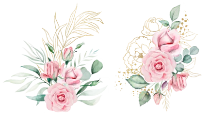 Foto op Canvas Boeketten gemaakt van roze aquarel bloemen en groene bladeren, bruiloft en begroeting illustratie © katrinshine