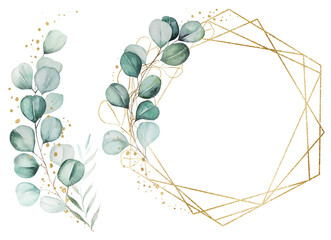 Geometric golden frame and bouquet made of green watercolor eucalyptus leaves - obrazy, fototapety, plakaty