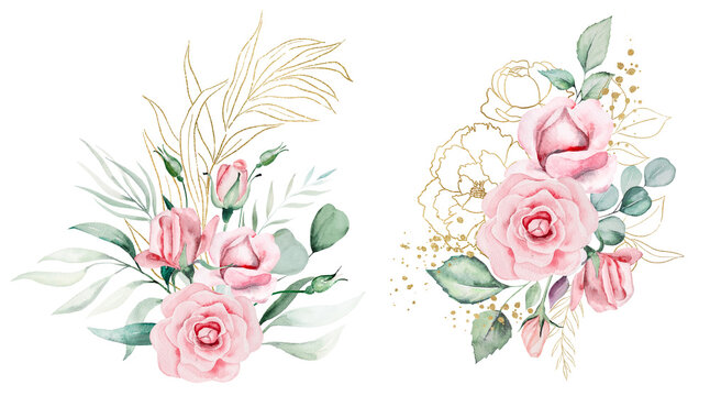 Bouquets made of pink watercolor flowers and green leaves, wedding and greeting illustration
