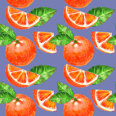 Seamless watercolor illustration of orange, citrus slices and leaves on grey background. Wrapping paper, textiles