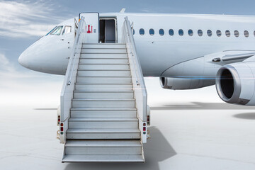 White passenger jetliner with a staircase isolated on bright background with sky