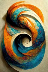 Swirls of liquid orange, blue and white paint artistic background