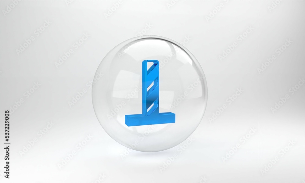 Poster blue cat scratching post with toy icon isolated on grey background. glass circle button. 3d render i