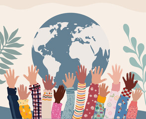 Group of raised hands of joyful happy multicultural children. Hands up of kids from different nations and cultures. Diversity. Globe earth background. Peace tolerance or ecology concept