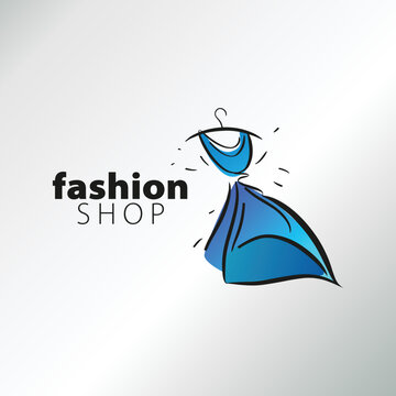 Hand-drawn concept logo for dress store isolated on white background. Template illustration for fashion designer shop.