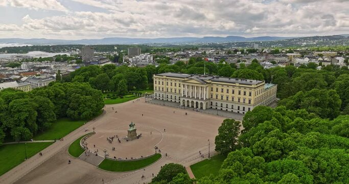 Oslo Norway v11 cinematic drone fly around royal palace capturing panoramic daytime view of urban downtown cityscape across frogner and uranienborg neighborhoods - Shot with Mavic 3 Cine - June 2022