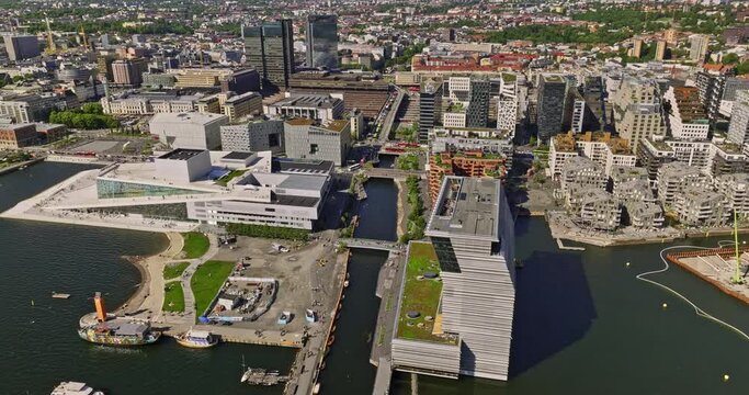 Oslo Norway v19 birds eye view flyover bj&oslash;rvika waterfront neighborhood with contemporary and modern architectures, iconic landmark opera house and munch museum - Shot with Mavic 3 Cine - June 2022