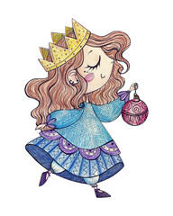 The princess is decorating the Christmas tree. drawing with watercolor pencils. on a transparent background. cute little girl and christmas toy. christmas illustration.