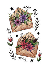 drawing with watercolor pencils wild flowers in an envelope. adoodle illustration for printing stickers, postcards, posters, menu design, business cards, banners.
