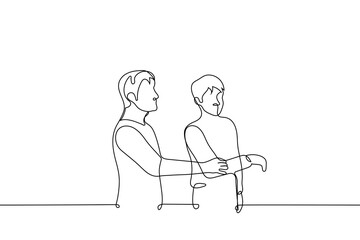 man pulls back the hand that another man is trying to grab - one line drawing vector. concept of rejection, ignoring, quarrel, resentment, anger, parting, breakup