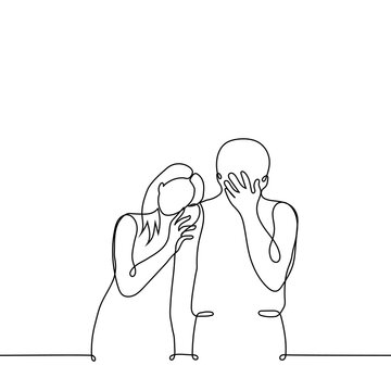 Man Crying And Woman Leaning Against Him Comforting - One Line Drawing Vector. Concept Mourn Grief Or Misfortune, Moral Support Of Loved Ones