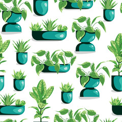 Pattern with flowers in pots. Flowerpots with ficus, philodendron and succulents on a white background. Houseplants.
