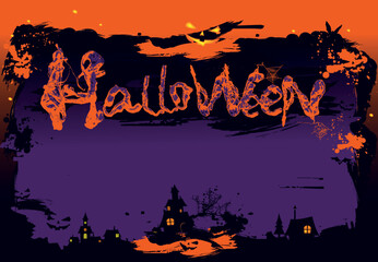 Halloween vector illustration. Horizontal banner with the inscription. The inscription on the night background. Frame, flyer orange and purple with ghostly faces, fabulous night city, cobwebs and emot