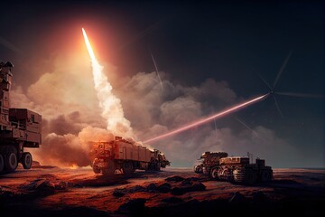 Missile defense system made of anti-missile tanks to intercept and destroy attacking missiles in the sky. Air defense shield against intercontinental ballistic missiles. 3D illustration. - obrazy, fototapety, plakaty