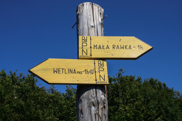 Signpost on the trail in the Bieszczady Mountains