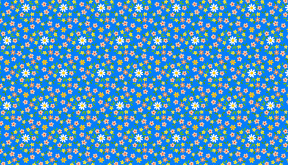 Сute blue decorative spring summer pattern with white daisies, Wild pink and yellow simple flowers