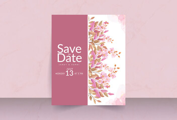 Deep pink flower bouquet with smokey watercolor effect and solid background save the date card