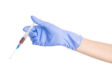 Hand with blue nitrile glove is holding syringe with red liquid, in front of white background. Blood in syringe. Medical syringe with dark liquid. Drugs. Vitamins. Medicines.