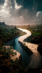 AI generated image of a beautiful river flowing through a picturesque landscape and ending in a grand waterfall 