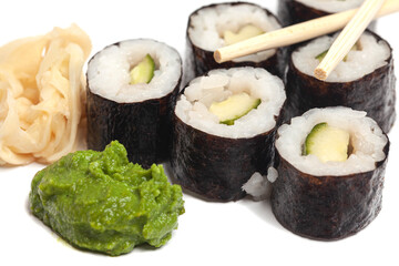 Sushi rolls cucumber japanese food isolated on white background.