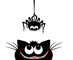 Smiling Black cat face looking up to hanging on dash line web spider insect. Halloween vector element on transparent background