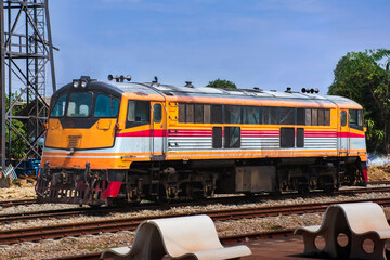 Fototapeta premium Diesel locomotive at the railway station (Public building).