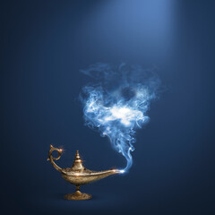 Golden magic lamp on blue background